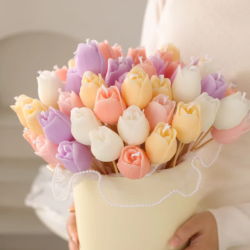 2PCS Realistic Tulip Bouquet Candle Home Decor Floral Scented Aromatherapy Candle Gift Set Gift for Her