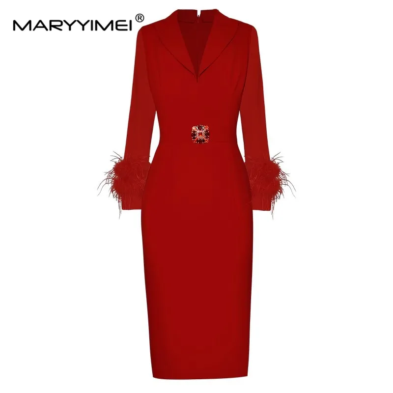 

MARYYIMEI Autumn/Winter Fashion Women's dress V-neck Feather Long sleeved Diamond Package hip Red Dresses