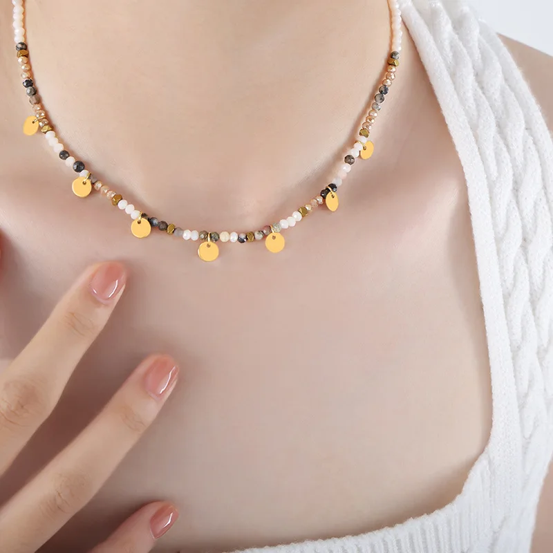 

INS Trendy Multicolor Glass Natural Beads Round Golden Charms Strand Necklace for Women Girls Watproof Beaded Choker Jewelry