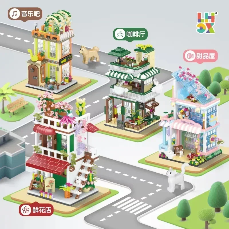 Loz-Folding Building Blocks Toy, DIY Coffee Shop, Leji Ideal Flower House, Street View, Building Block Puzzle, Assembly Toy, Decoração