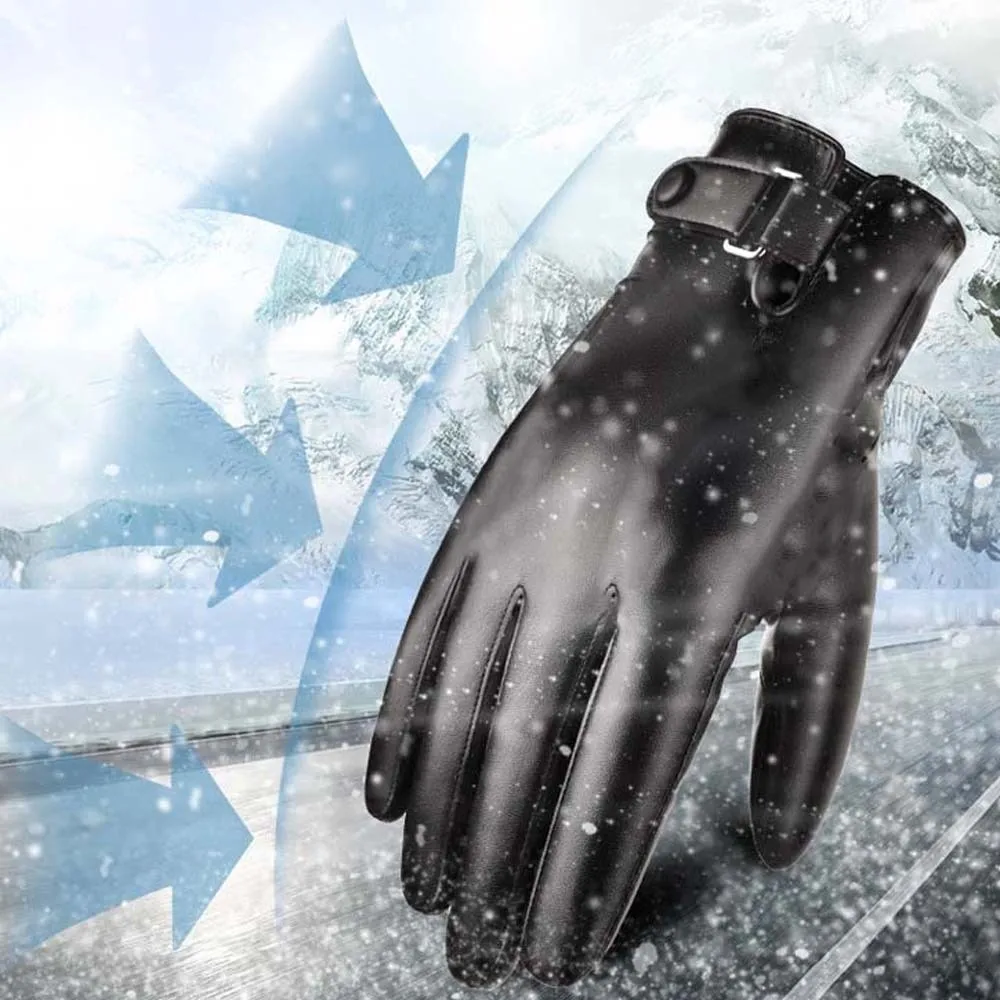 

1pair Soft PU Anti-cold Gloves Waterproof Solid Color Men Finger Mittens Warmer Touch Screen Black Thickened Gloves