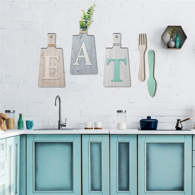 DT19 Wooden Eat Sign Cutting Board Set Fork and Spoon Wall Decor for Kitchen Dining Room Hanging Art