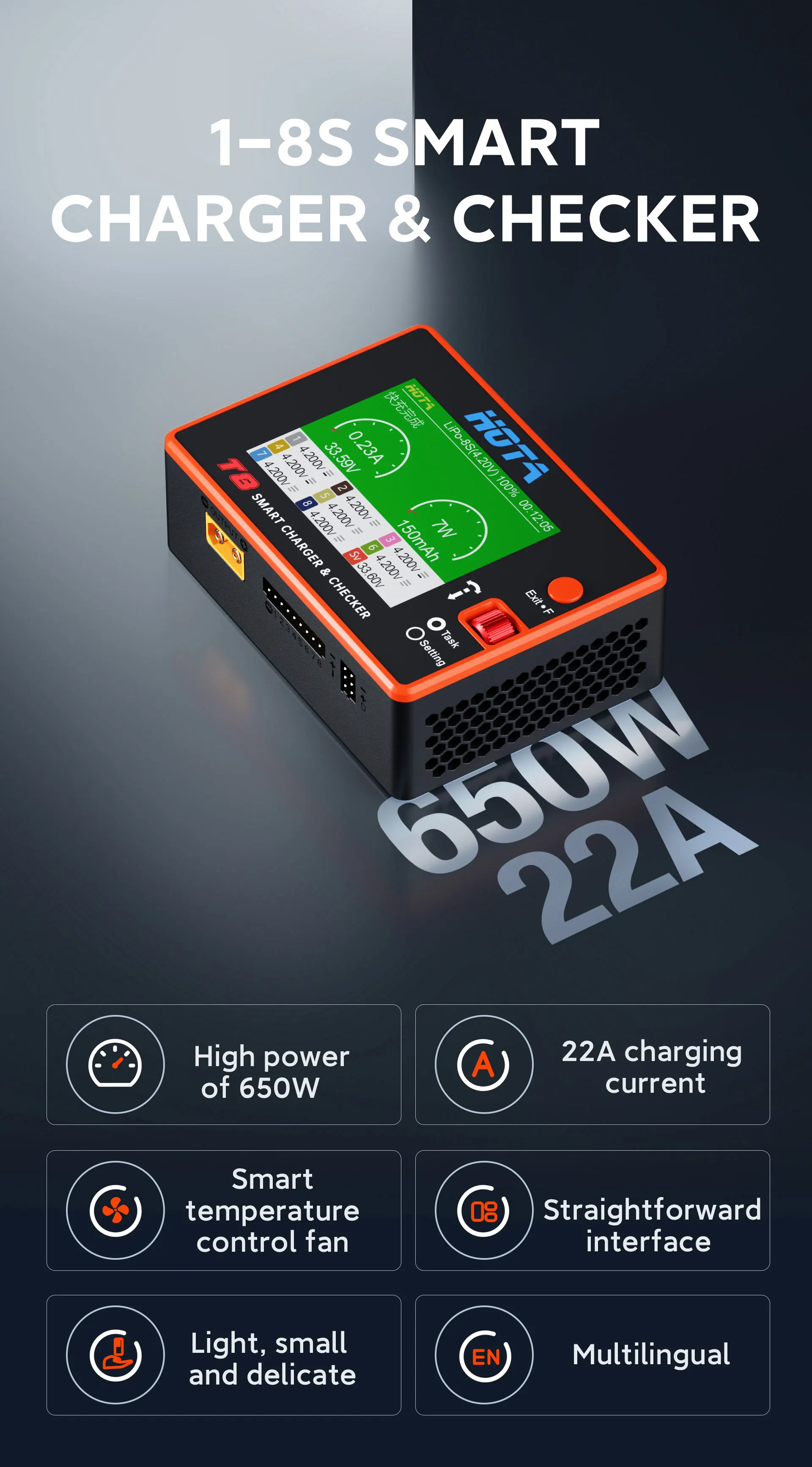 HOTA T8 650W 22A XT60 1-8S Intelligent Charger Checker for a wide range of devices NiZn/Nicd/NiMH Battery RC Drone Spares