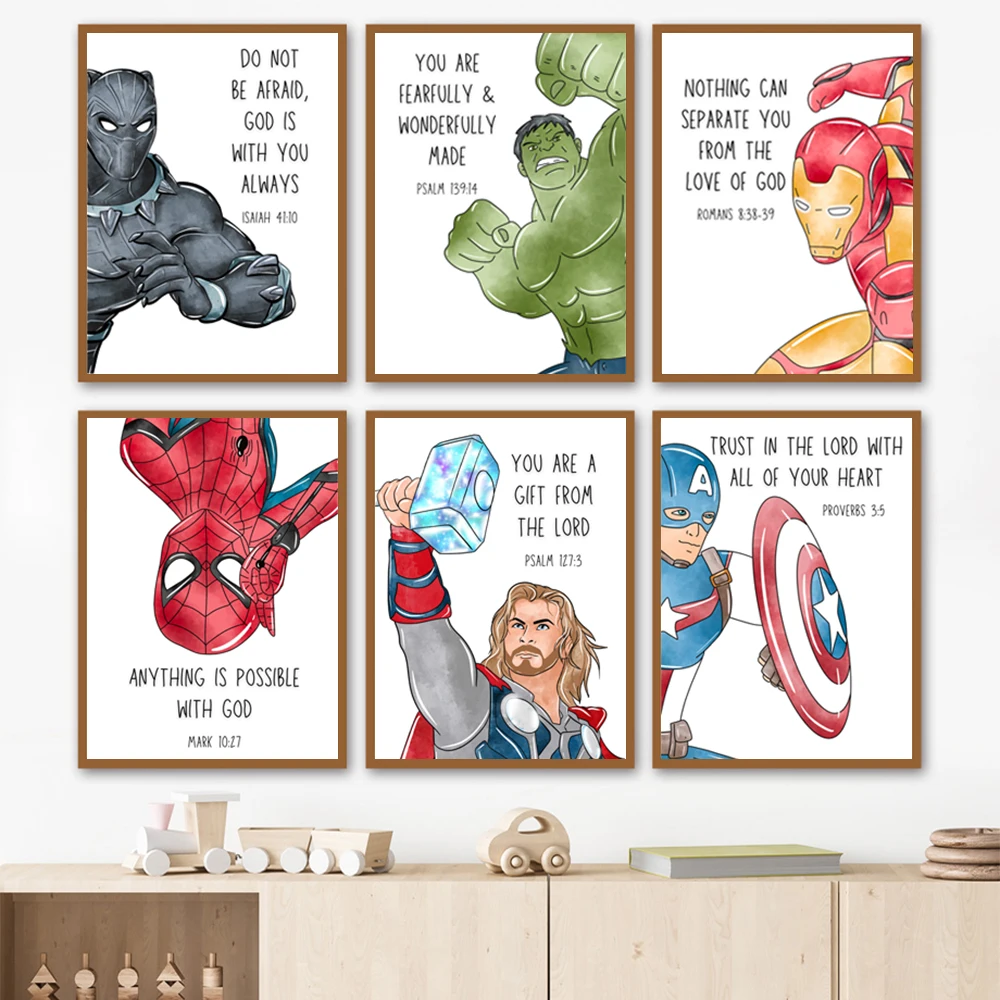 1 Stück rahmenlose Leinwandgemälde, Superhelden mit Bibelversen, Kunstdrucke, Cartoon-Poster, Marvel Avengers, Leinwandgemälde für Jungen, Roo