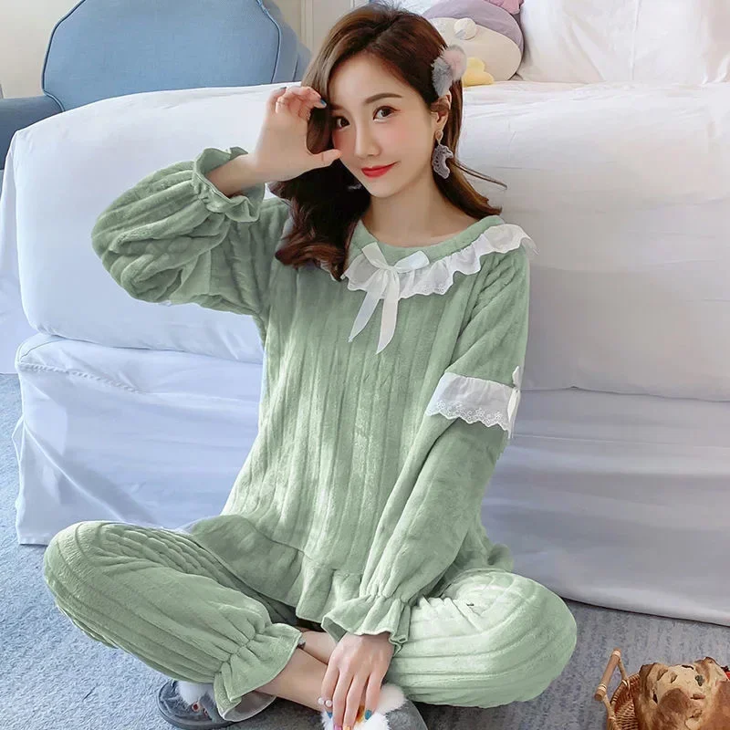 Square Collar Women Pajamas Set Winter Warm Sleepwear Fleece Velvet 2 Piece Pants Home Wear Suit Fluffy Korean Solid Night Wear