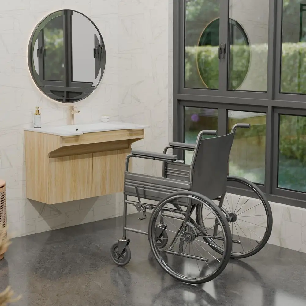 الغرور العائم الحديث المتوافق مع ADA مع خزانة خشبية وحجر الراتنج وقضيب إمساك لكبار السن وكبار السن والمعاقين - Wheelchai