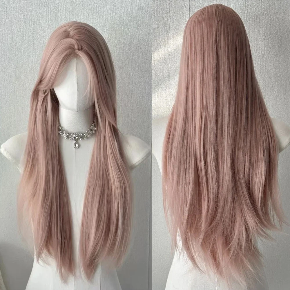 

Pink Long Straight Women Synthetic Wigs with Bangs Heat Resistant Fluffy Lolita Cosplay Wig for Daily Party