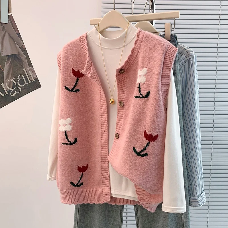 Luźny kardigan bez rękawów z kwiatowym haftem, modny, jesienno-zimowy, nowy, dla kobiet plus size...