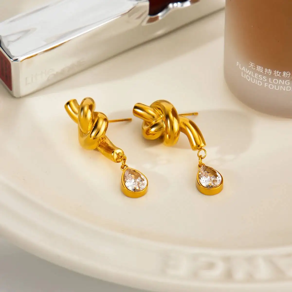 PuRui Personalized Stainless Steel Zircon Pendant Earrings Women 18K Gold Plated Hypoallergenic Piercing Earrings Lady Gifts