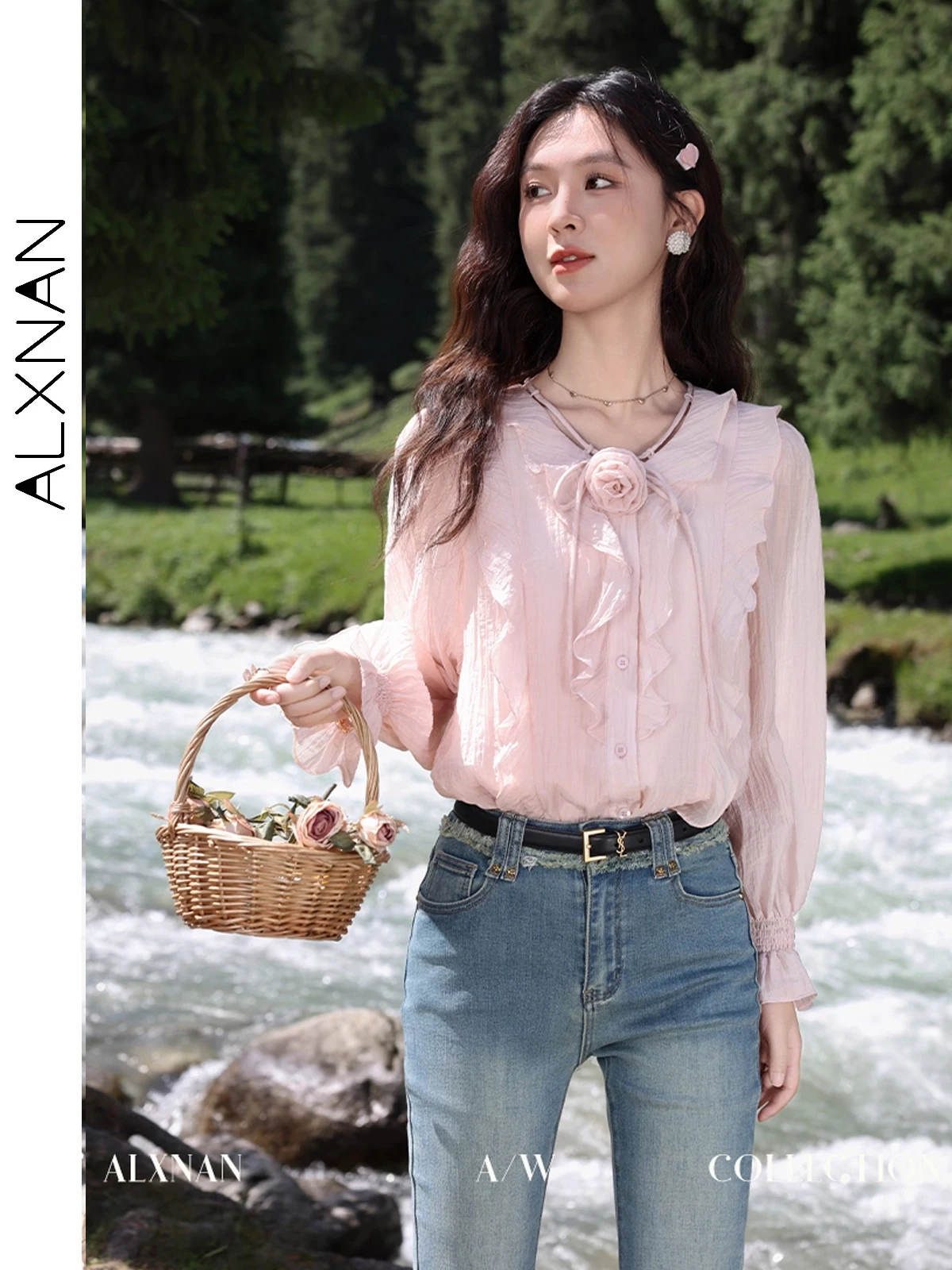 

ALXNAN розовая рубашка с 3d цветочным принтом на шнуровке, женские блузки с расклешенными рукавами, осень 202, элегантные женские топы с v-образным вырезом и длинными рукавами L39307