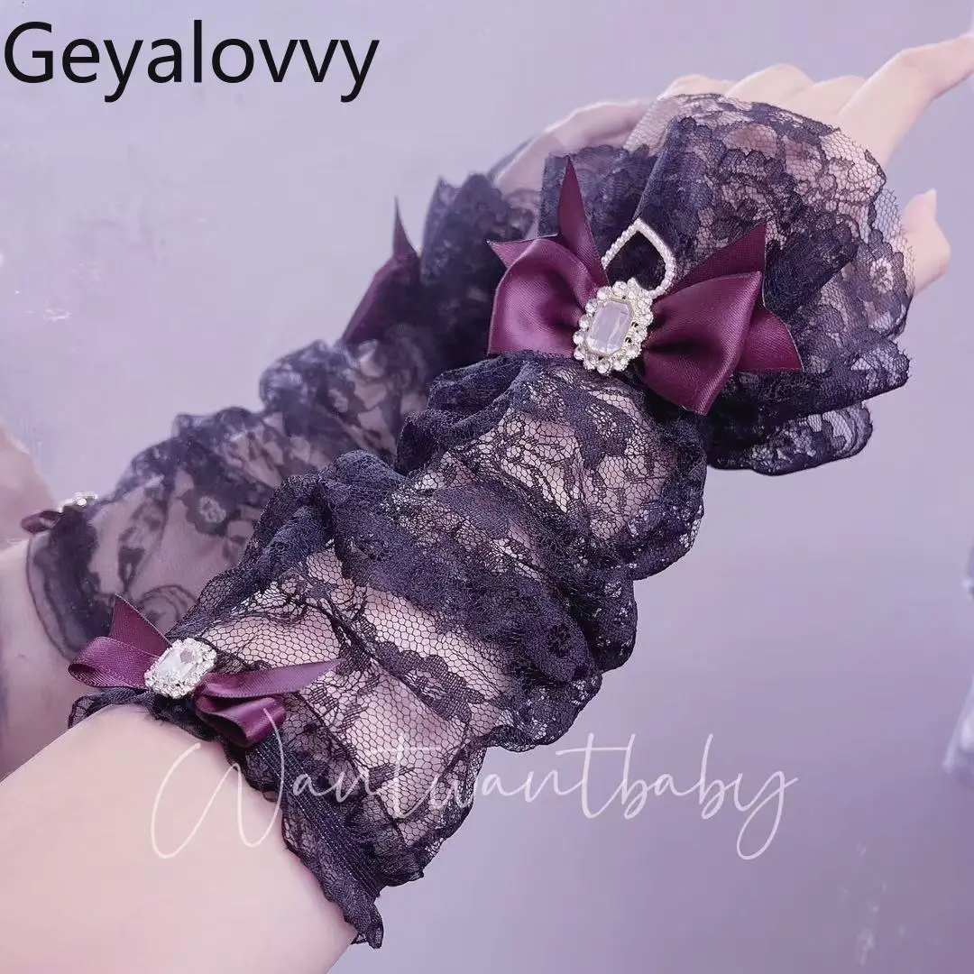 الأصلي الإنتاج الضخم لوليتا Bowknot حجر الراين الدانتيل أكمام أذرع تبريد الحلو لطيف الفتيات تنوعا حماية من الشمس قفازات طويلة الأكمام