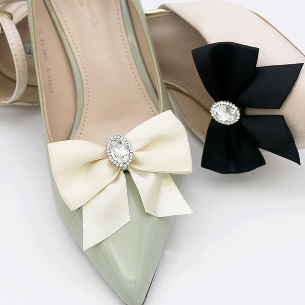

2 Pcs Shoe Flower Accessories Bows Clips Women Dress Charms Black Heel Wedding Satin Decoration Women's