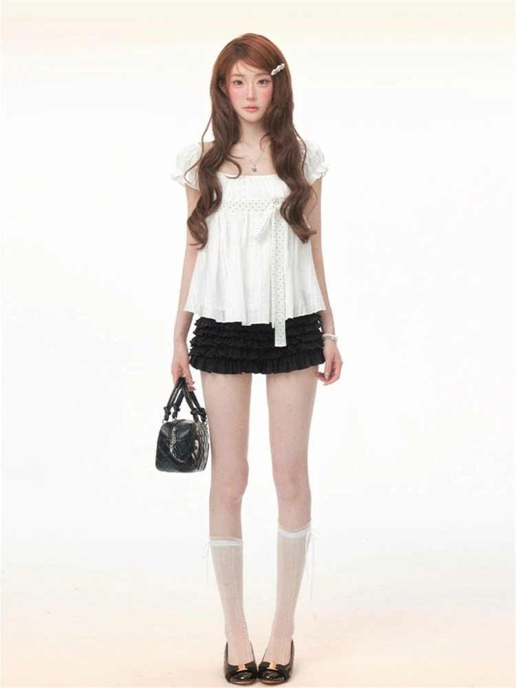 Cute Korean Fashion Polka Dot Bow Puff Sleeve White Black 2-piece Set Blouse Ruffle Shorts Women Girls Daily Streetwear Outfit - view 6