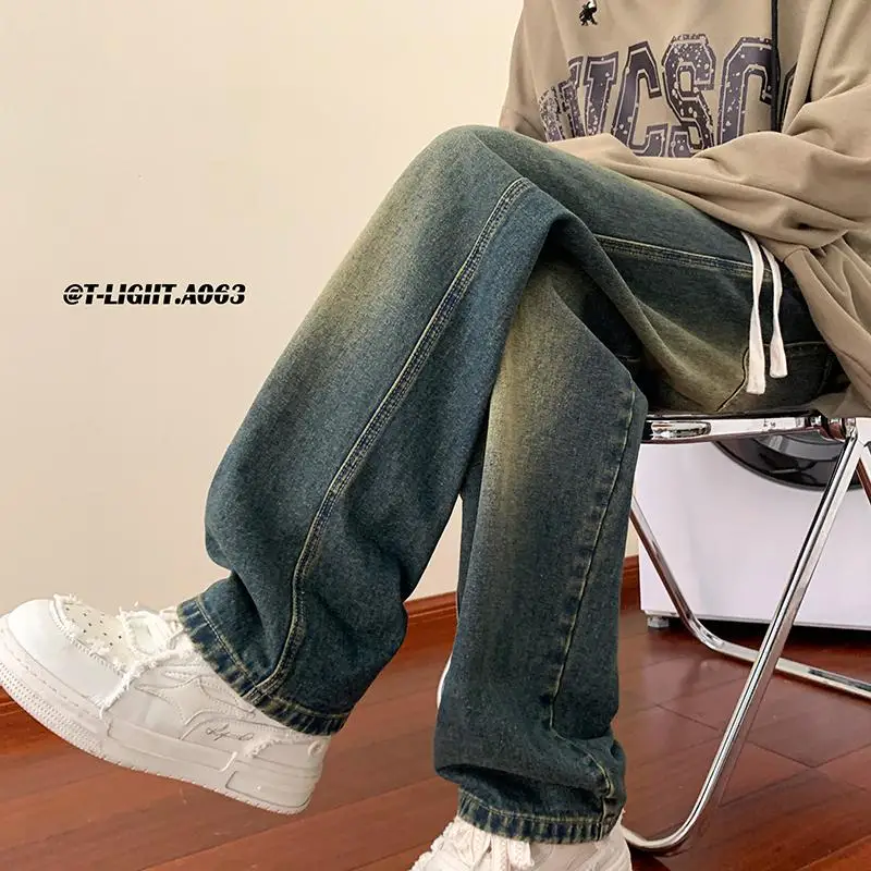 Vintage Blue Jean Pants Men Hip Hop Denim Trousers Male Streetwear Fashion Elastic Waist Autumn Retro Casual Straight Jeans