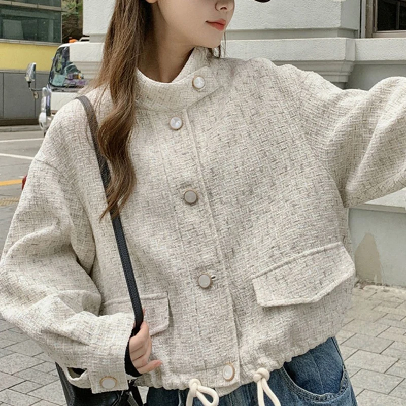 Fashion Faux Tweed Jackets Women Sweet Loose Stand Collar Coats Fall Winter Office Lady Loose Drawstring Hem Casual Outwear Tops
