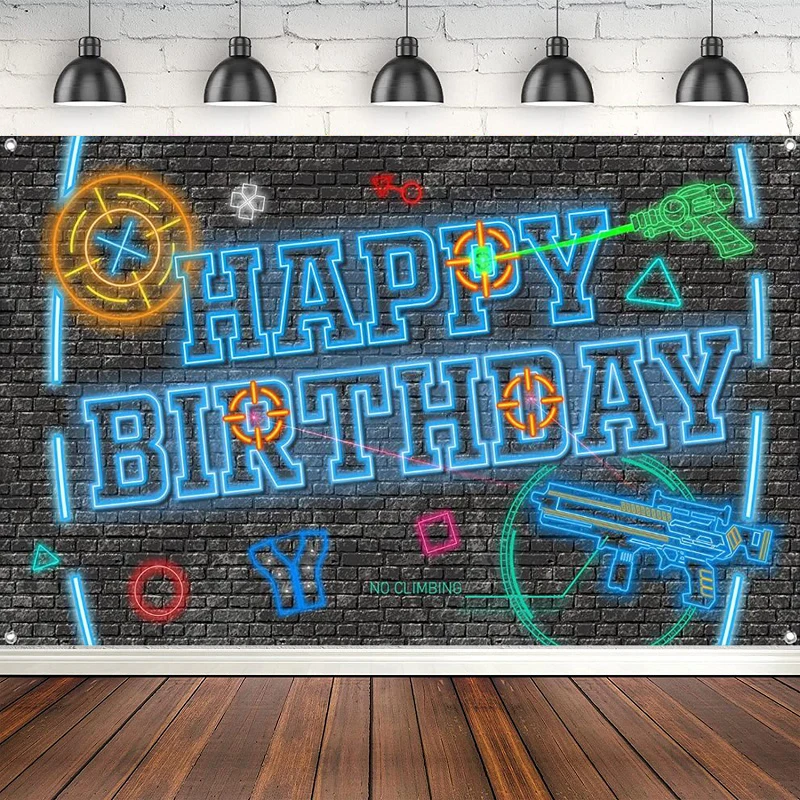 Laser Tag Gun Photography Backdrops Neon Happy Birthday Gaming Background For Boys Wall Decorations Neon Glow Party Banner