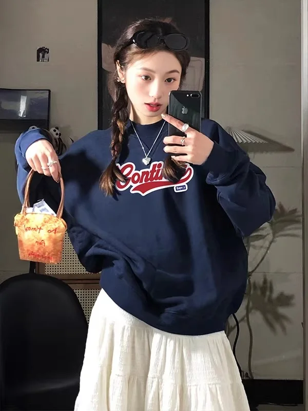 

Женская толстовка оверсайз с надписью в американском уличном стиле, на флисовой подкладке, осенне-зимняя, свободного кроя, для полных женщин (до 300 фунтов)