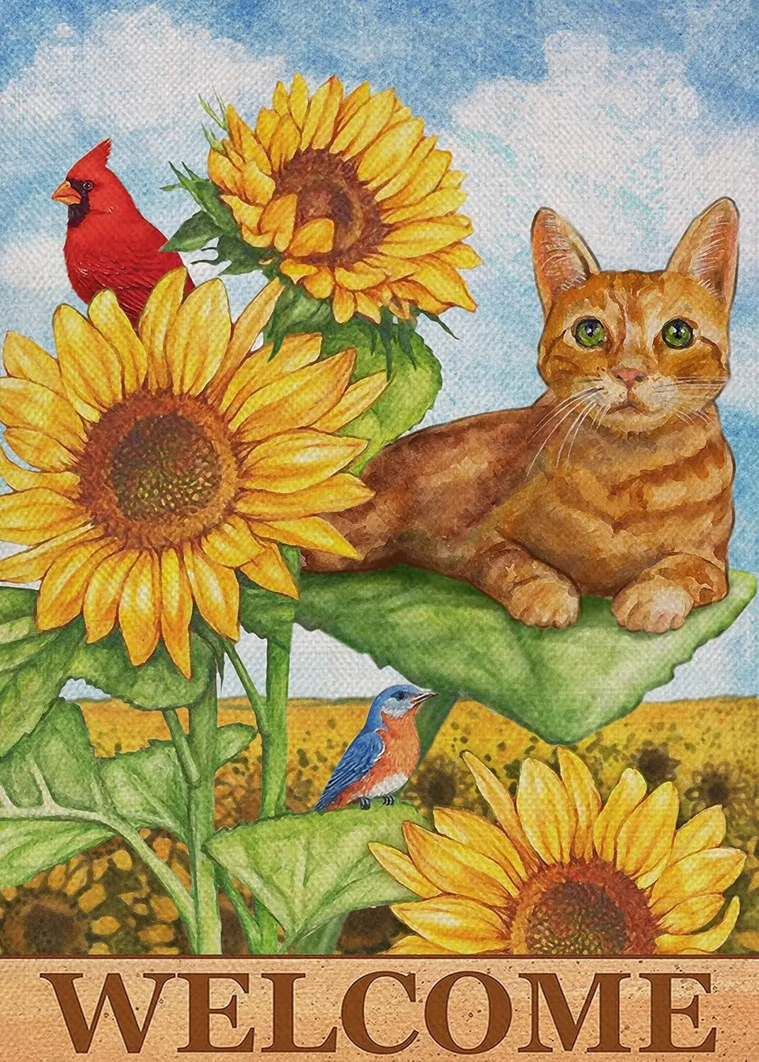 Furiaz Cat Cardinal Sunflower Welcome Spring Summer Decorative Small Garden Flag, Yard Orange Kitty Tabby Red Bird Outside D OOA