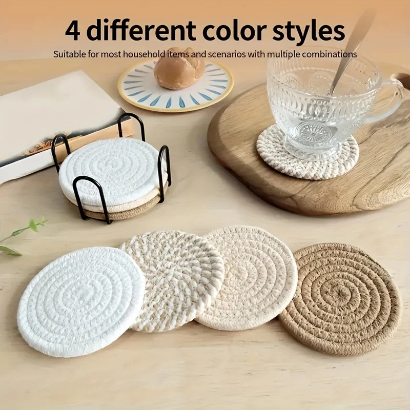 8-piece set, round cup coaster, woven heat-insulating mat. Kitchen supplies.