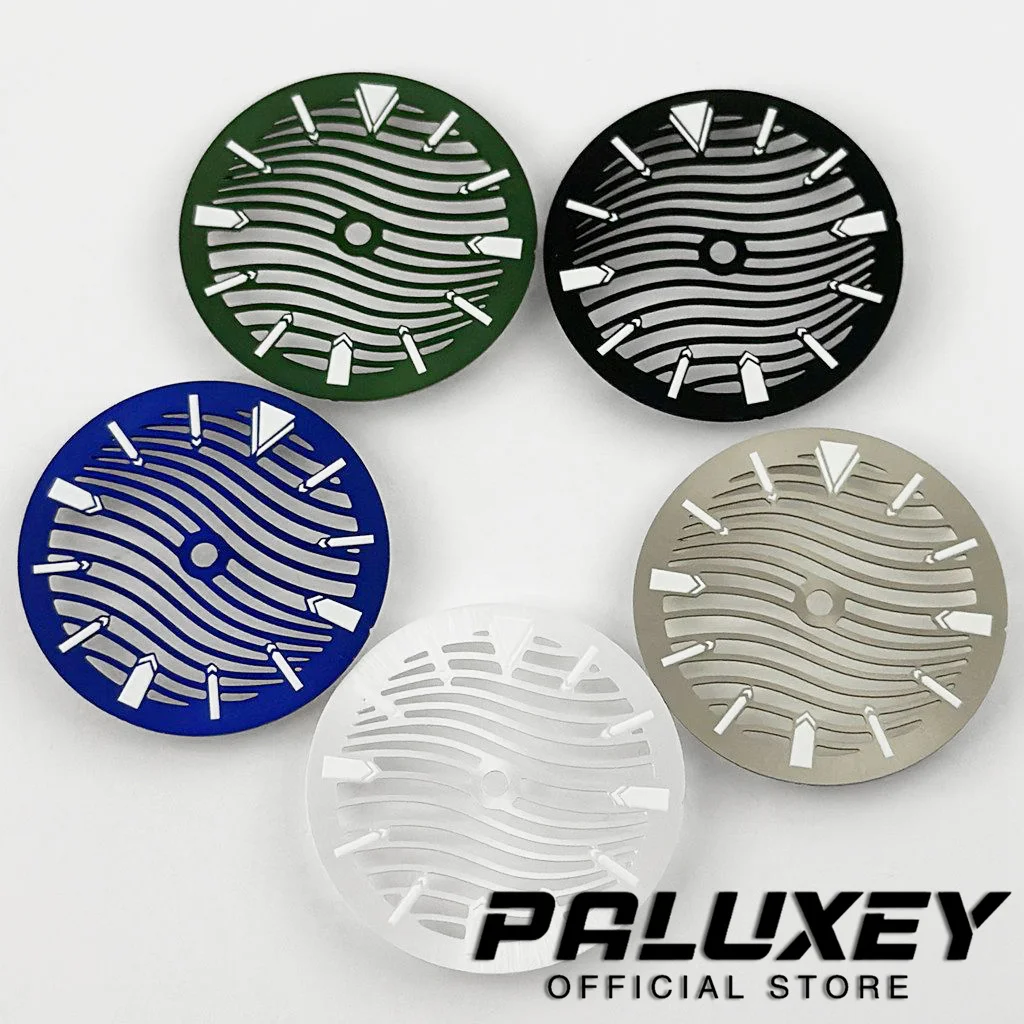 

Циферблат для часов NH70 29 мм, полый, белый, черный, синий, зеленый, с зеленым люминесцентным покрытием, подходит для механизмов NH35, NH70, NH72, запчасть для часов.