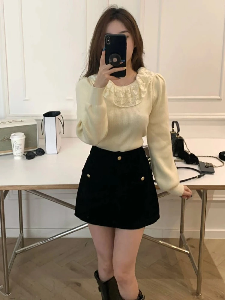 Lace Sweaters Women Slim Spliced Puff Sleeve Lounge Temperament Autumn Winter Korean Commuting Style Simple Popular Advanced