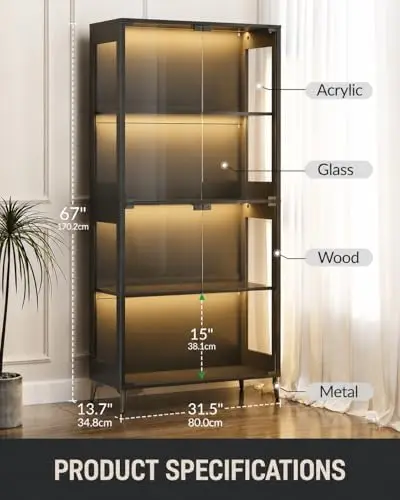 Display Cabinet with Glass Doors, 4-Tier Curio Cabinet with Adjustable Shelves, Glass Display Case for Collectibles
