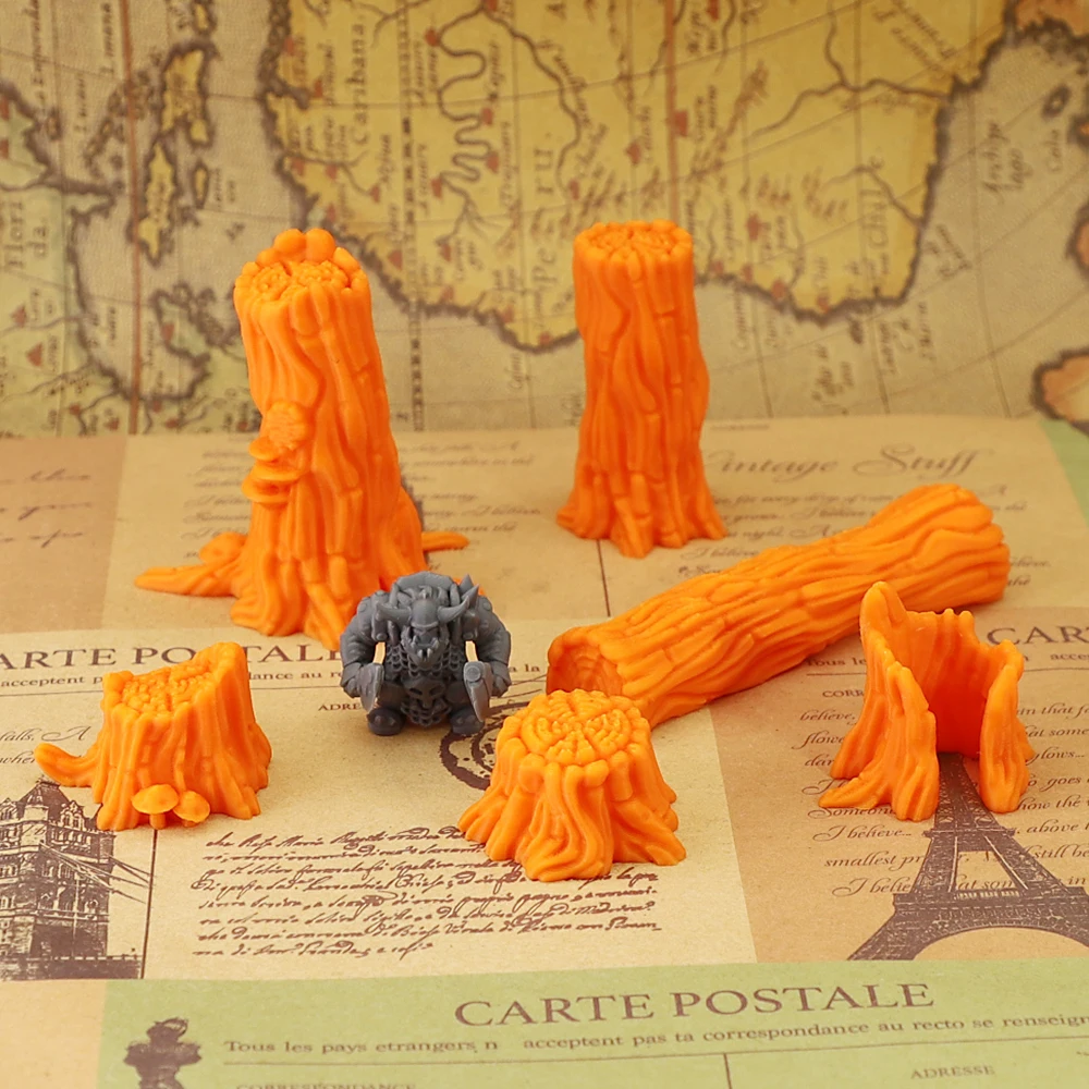 6Pcs Forest Tree Stump Log Terrain Pack, Scenery Props for D&D Fantasy Tabletop Wargaming, Grey Orange Optional