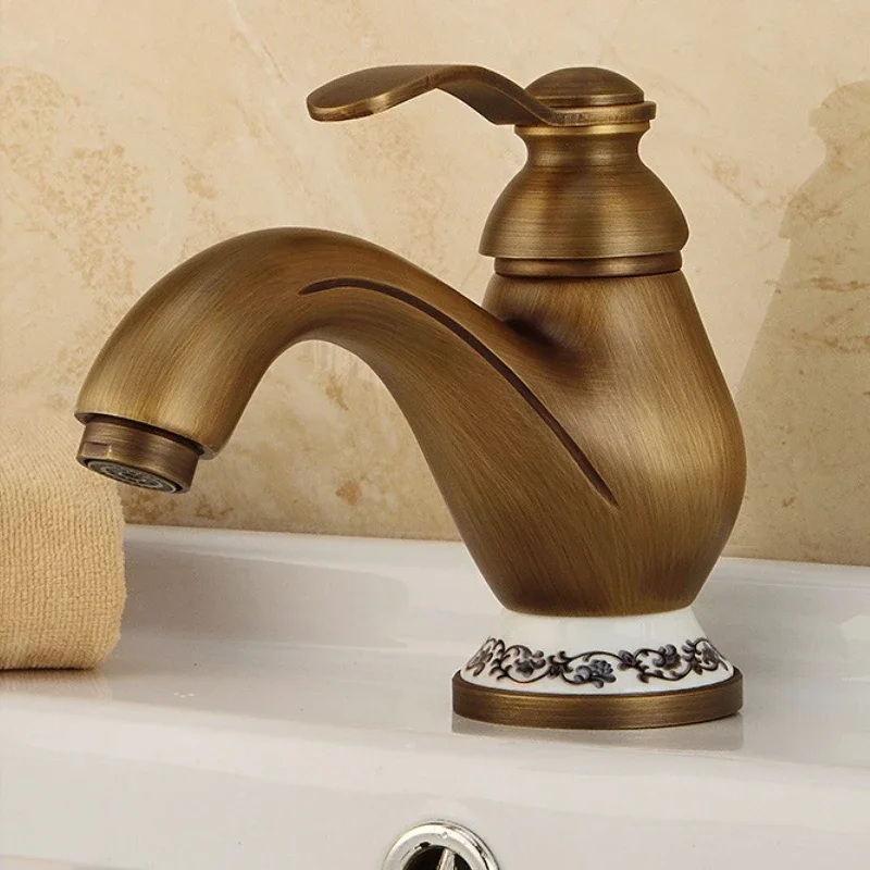 Luxury Brass Antique Gold Blue-and-White Porcelain Hot/Cold Water Faucet Single-Hole Antique Black Basin Faucet for Bathroom