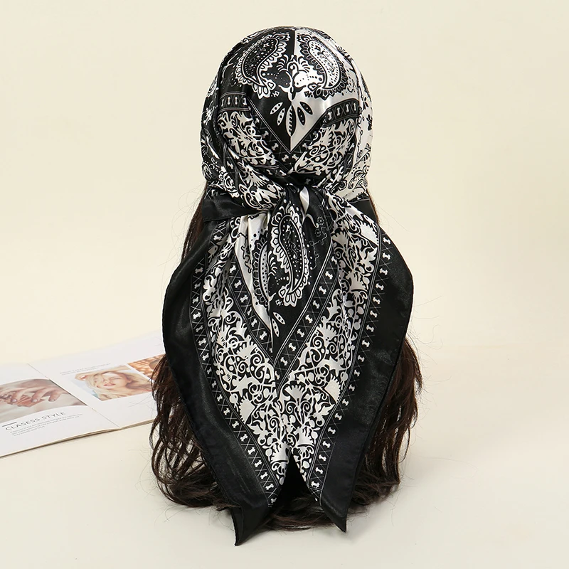 90*90CM Klassischer Paisley-Druck Quadratischer Schal Weiches Satin Bandana Vintage Winddichter Kopfwickel Lässiger Schal Reise Strandtuch