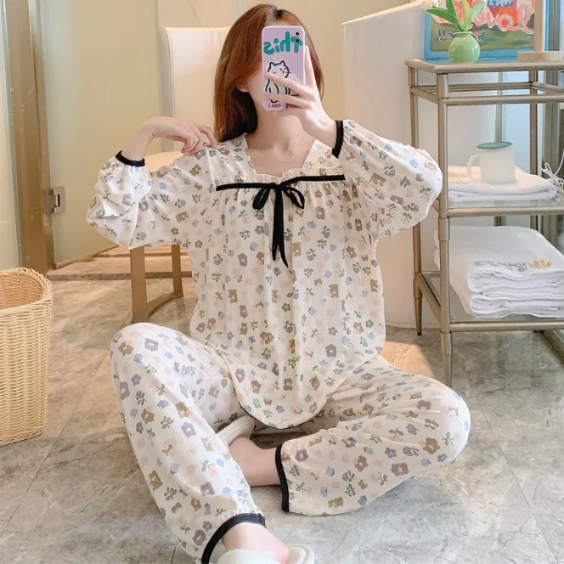 5XL Plus Size Two-piece Set Women Cute Strawberry Square Collar Long Sleeve Sleepwear Autumn Winter Student Style Home Clothes