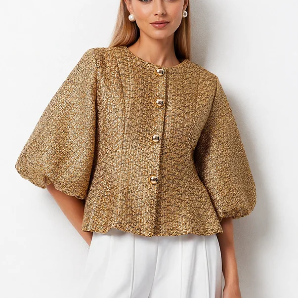 IG  Gold Spliced Sequins Temperament Jackets for Women Round Neck Half Sleeves Tunic Patchwork Single Brasted Jacket Female