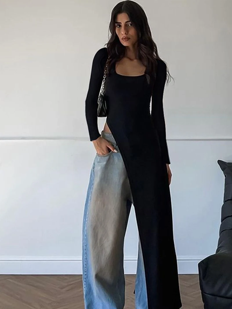 이국적인 미국 스트리트 스타일 쿨하고 매력적인 여성용 U넥 비대칭 밑단 슬림핏 미디 티셔츠 폴리에스터 긴팔