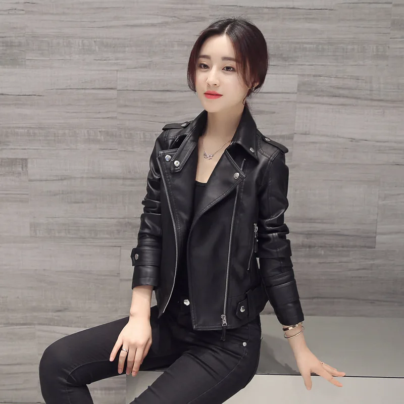 Autumn Winter Women\'s Short Leather Coat Korean Slim Black Motorcycle Leather Jacket Women Zipper Outerwear Jacket Women Clothes