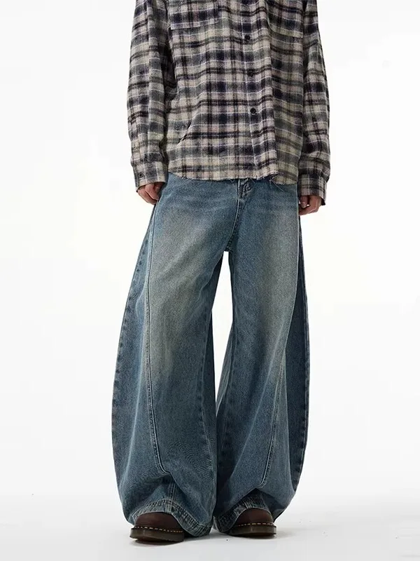 Jeans Retrô Americano Lavado com Efeito Desgastado, Unissex, Corte Reto Solto, Perna Larga, Estilo Casal, Jeans de Sarja
