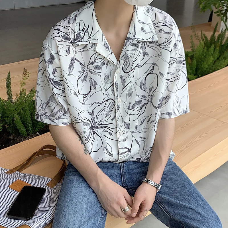 

Hawaii Sle Haome Floral irt ort Sve Loose Fit Summer Thin Cotton Cuban Collar Beach f Sve Printed Youth Trend