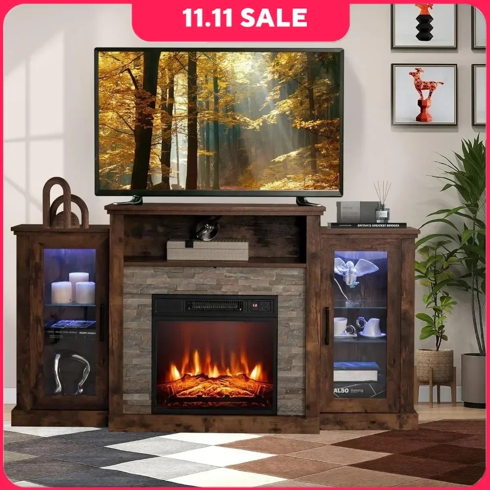 TV Stand with 16-Color LED Lights & 3-Level Flames Farmhouse TVs Stand with Adjustable Shelves Electric Fireplace TV Console