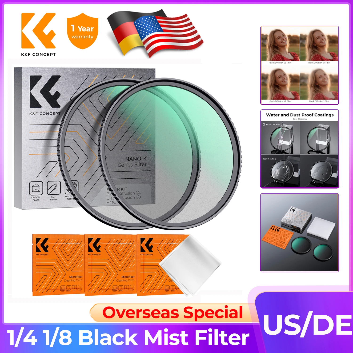 K&F Concept 49-82mm 1/4 1/8 Black Mist Filter Multi Layers Coating Lenses Camera Filter 52mm 58mm 62mm 67mm 77mm for Nikon Canon