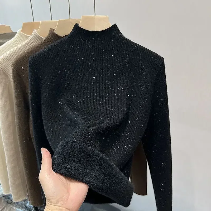 

Solid Bright Pullovers Sweaters Turtleneck Fleece Warm Knitwear Korean Casual Slim-fit Bottoming Elegant Shirt Knitwear Jumpers