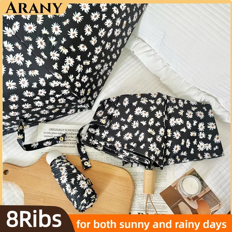 

ARANY Black Daisy Umbrella, Suitable for Both Sun and Rain, UV Protection, and A Sturdy and Durable Umbrella for Girls