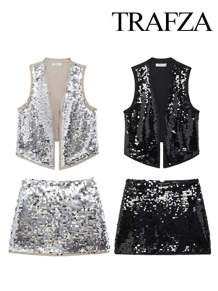 TRAFZA Women's Summer Chic Sequin Decorated Short Vest Streetwear + Sexy High Waist Back Zipper Women's Short Skirts 2 Color