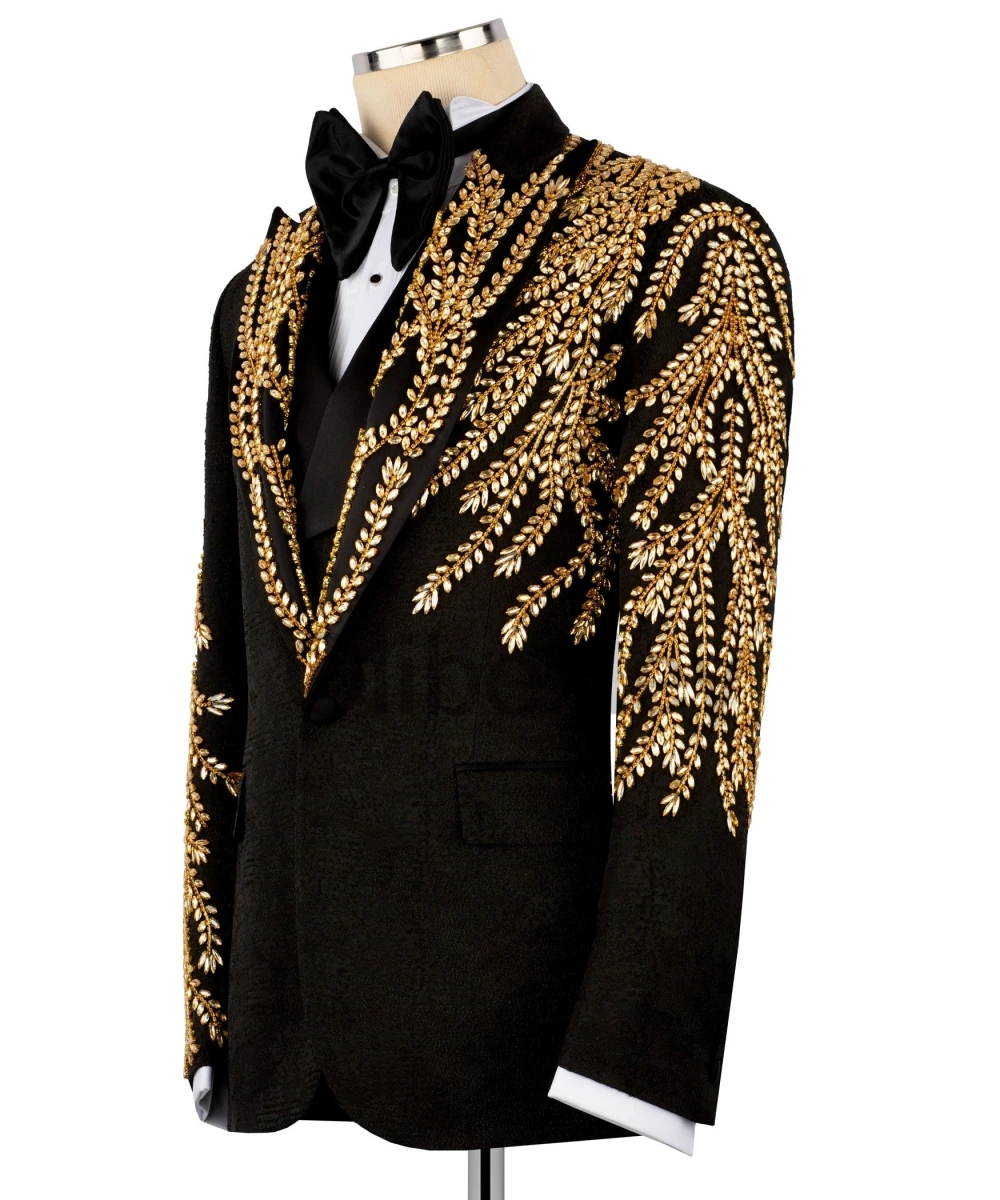Olibexley 2027 Men's Slim Fit Tuxedo Two-Piece Suit Gold Crystal Jewelry Decoration Tailored Wedding Groom Suits Customized S312