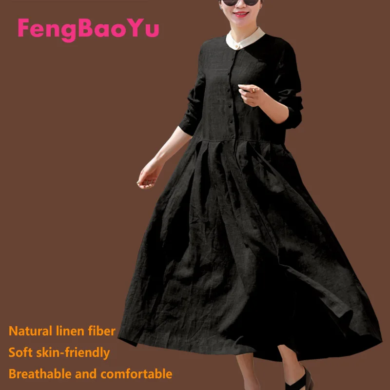 Fengbaoyu Linen Spring Summer Lady's Long-sleeved Dress Women Clothing Party Long Dresses Elegant on Sales with Free Shipping