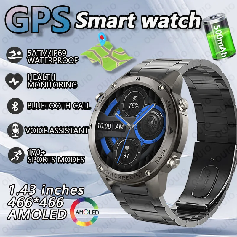 

GPS Satellite Positioning Smart Watch Men 500mAh 1.43-inch AMOLED 5ATM Waterproof Heart Rate Blood Oxygen 170+sports smart watch