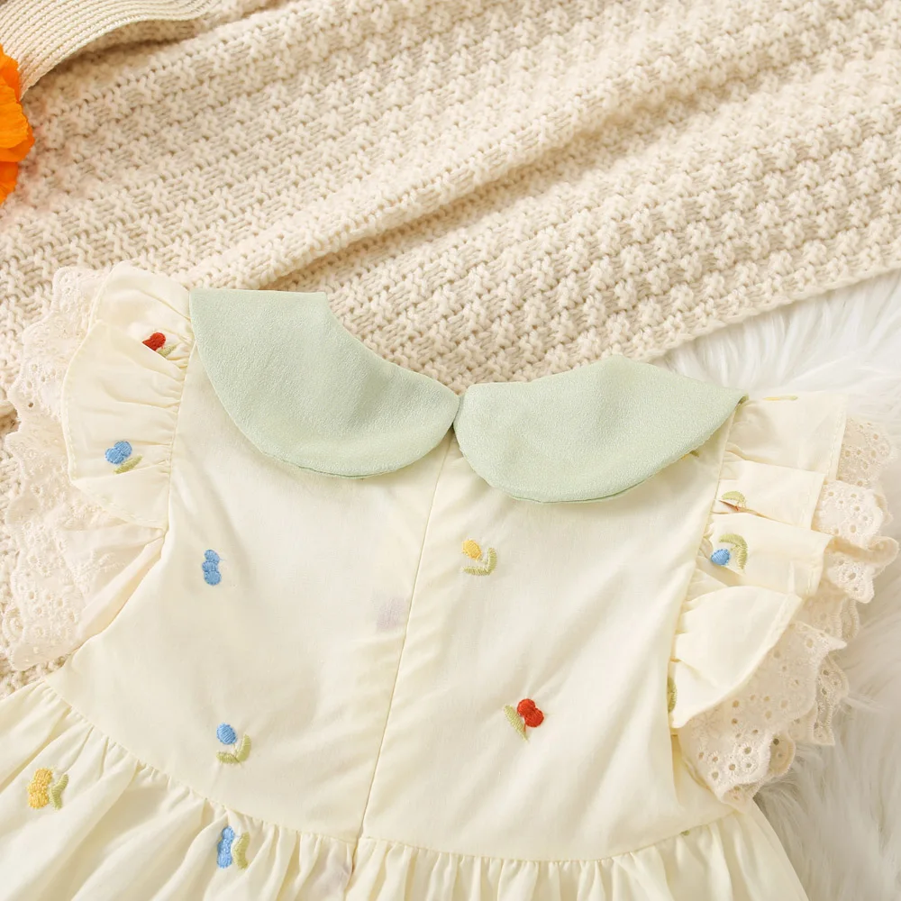 Summer Girls 0-3 Year Old Dress Girl Baby Full of Embroidered Lapel Two Bow Ties Lace Small Flying Sleeves Princess Dress