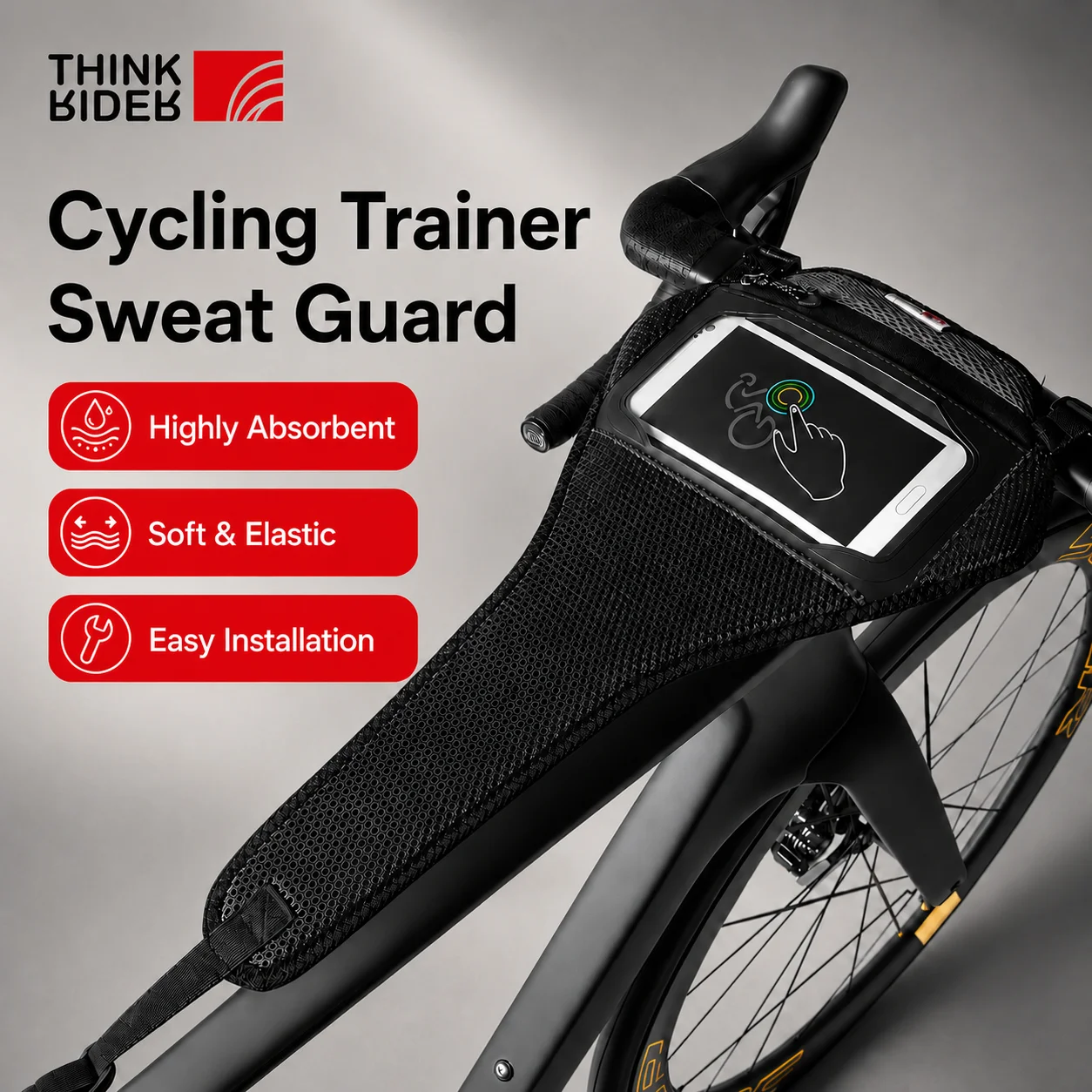 ThinkRider Schweißband mit integriertem Handyhalter, robuster Schweißschutz, langlebiges Zubehör für Indoor-Cycling-Smart-Bike-Trainer