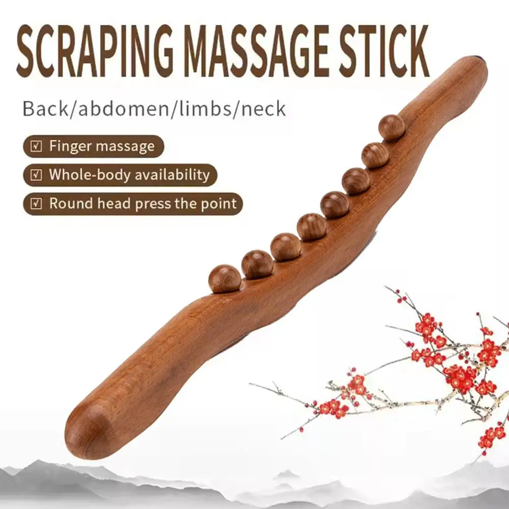 8 Beads Beech Wood Massage Stick Carbonized Wood Back Scrapping Meridian Therapy Wand Muscle Relaxing Body Massager Tool