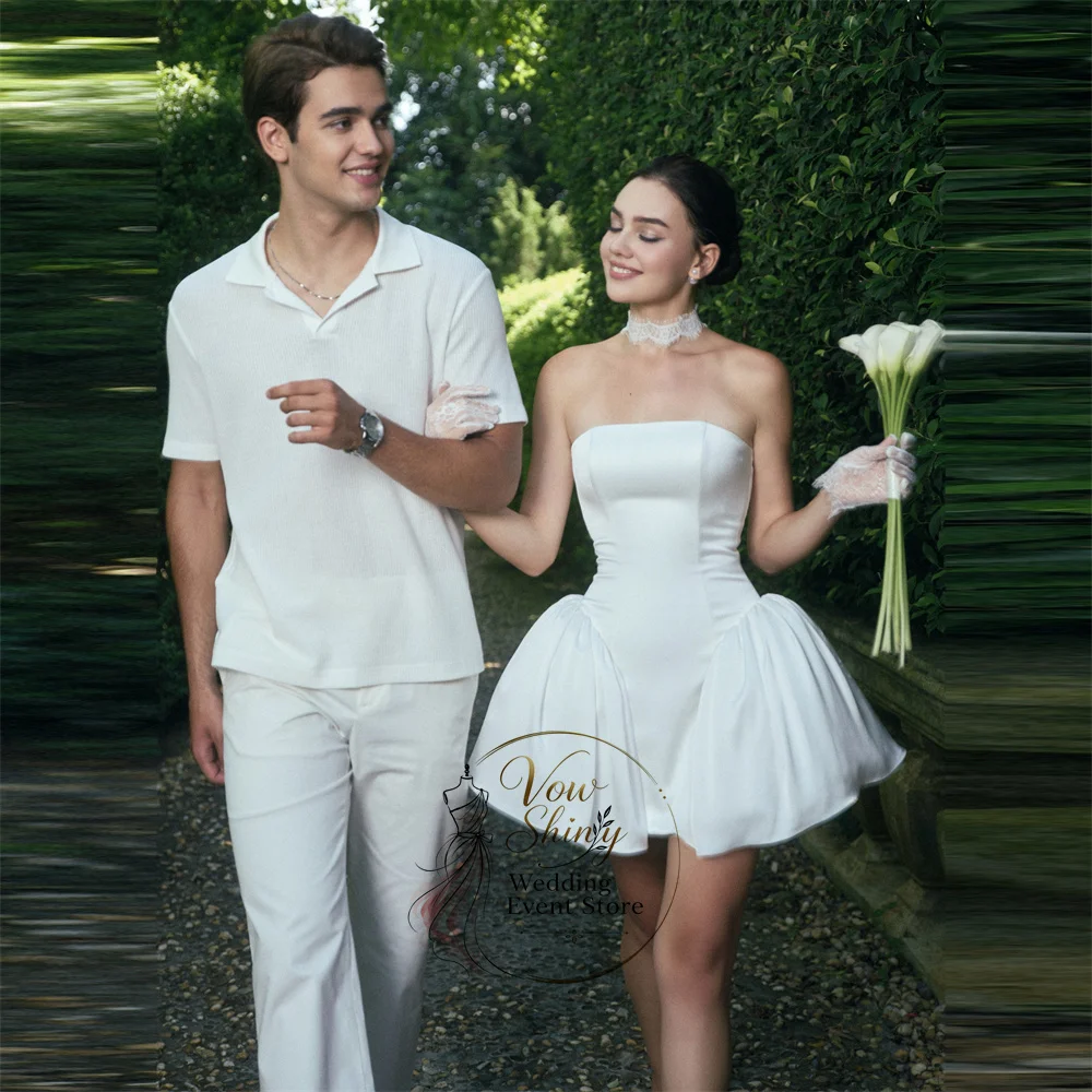Vow Shiny Customized Strapless Mini Wedding Dresses A‑line Satin Minimalist Modern Romantic Lace‑up Corset Bridal Gowns
