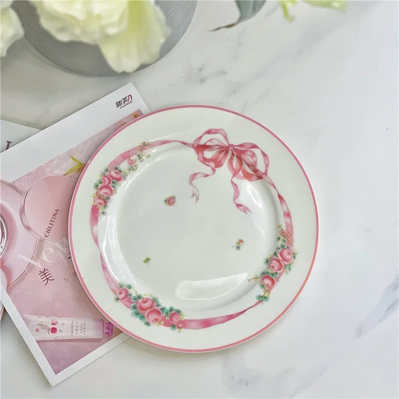 Ceramic Plate 8 Inch Pink Elegant Bowknot Dishes Cake Tray 4pieces Home Dinner Plate Party Dessert Plates Kitchen Tableware Gift