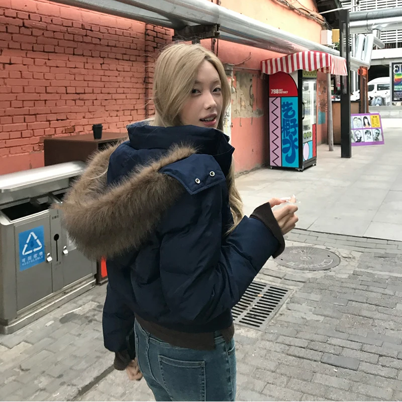 Women's Winter Warm Jacket Korean Thickened Big Fur Collar Hooded Outerwear Fashion Casual Detachable Short Cotton-Padded Coat
