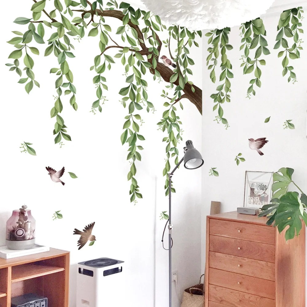 ملصقات حائط حبر أوراق خضراء طبيعة لغرفة المعيشة وغرفة النوم والمنزل وخلفية الزهور وديكور الحائط ملصق ذاتي اللصق